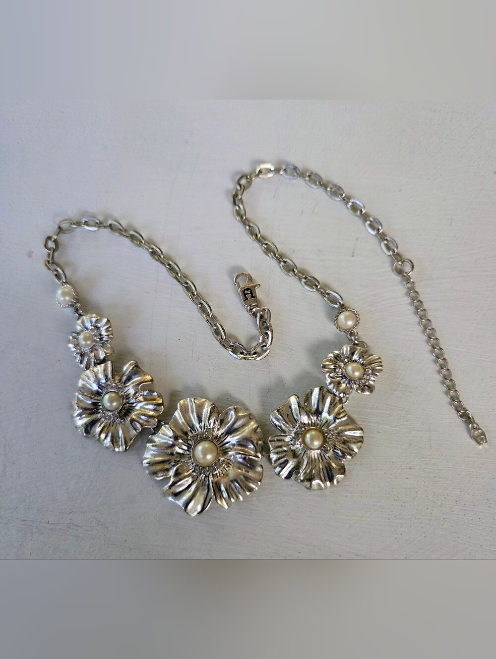 Etianne Aigner Rare Silver Floral Pearl Statement Necklace - Women Jewelry